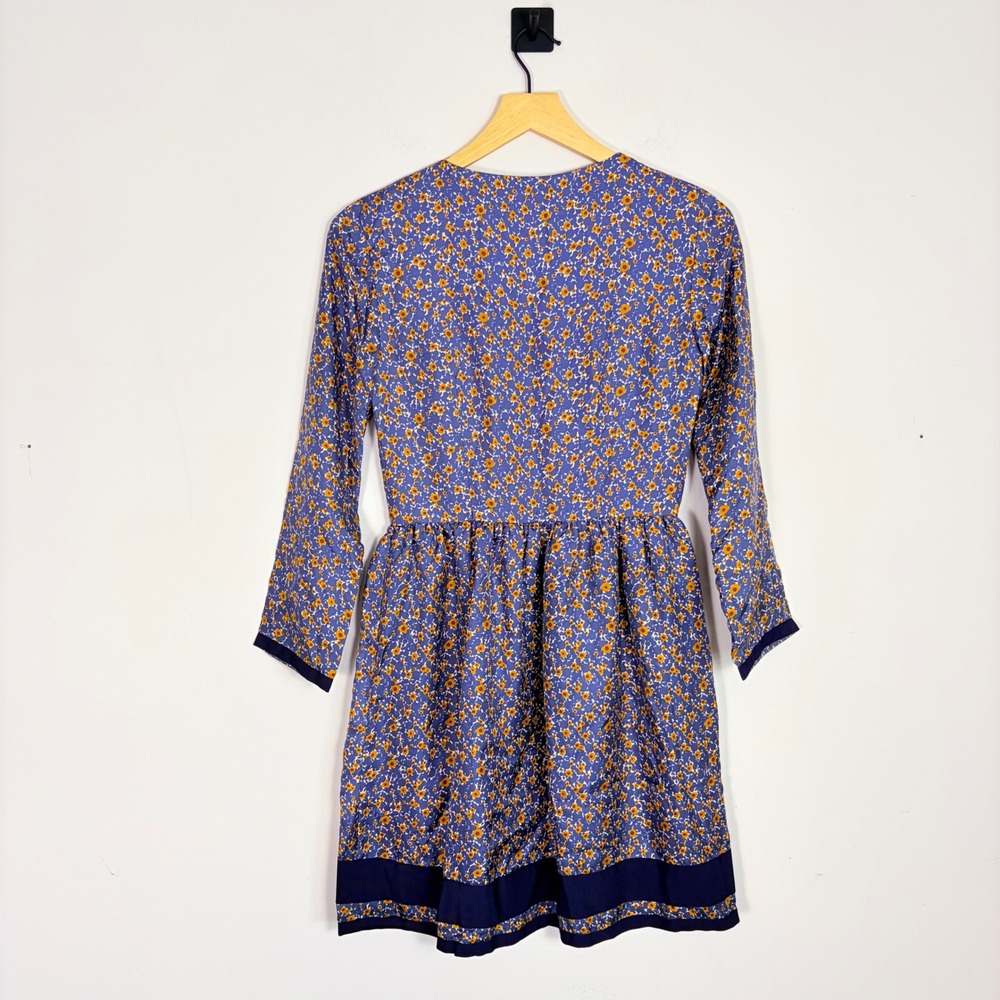 Orla Kiely Blue Yellow Floral 100% Silk Mini Dress US‎ 2 UK 6 Zip Front Pocket - Picture 7 of 7